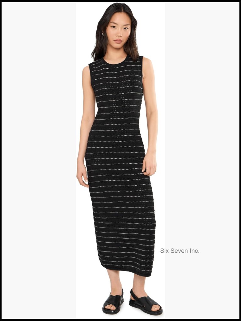Stitch Knit Midi Dress - Textured Pinhole Stitch With Contrast Stripes